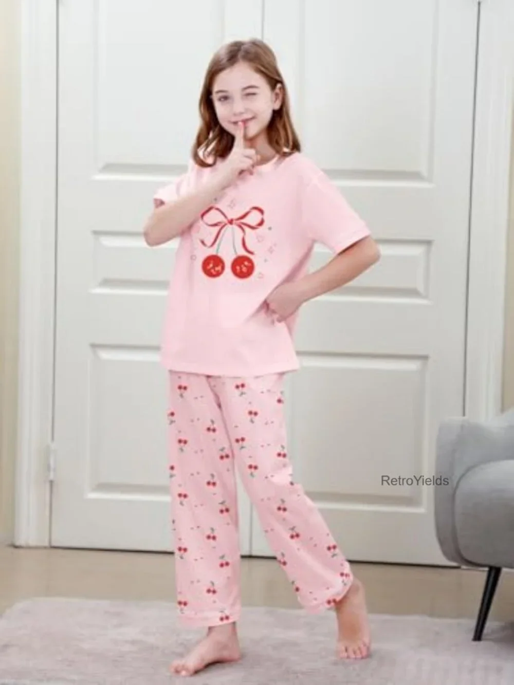 3PC Cotton Pajama Set Short Sleeve Tee Shorts Pants Girls Sleepwear Lounge